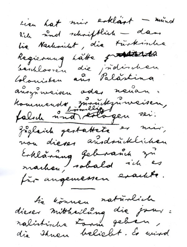 Lettre de Herzl démentant l'expulsion des Palestiniens