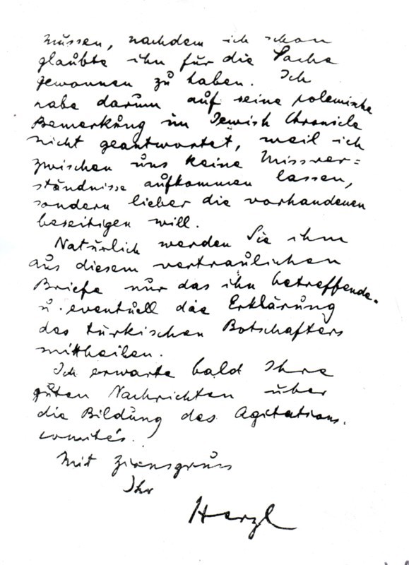 Lettre de Herzl démentant l'expulsion des Palestiniens