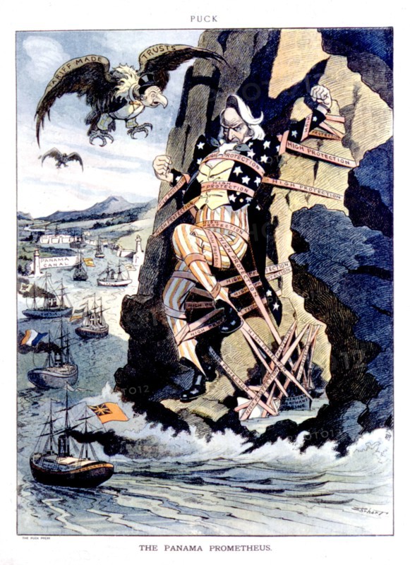 Caricature in "Puck" : L'Oncle Sam, enchaîné, regarde passer les bateaux dans le canal de Panama (1912-1913)
