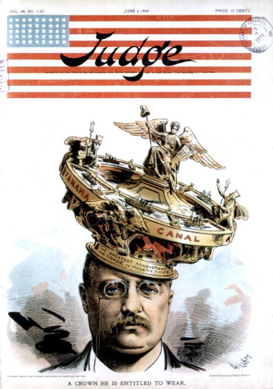 Caricature in "Judge". Théodore Roosevelt et le canal de Panama (1904)