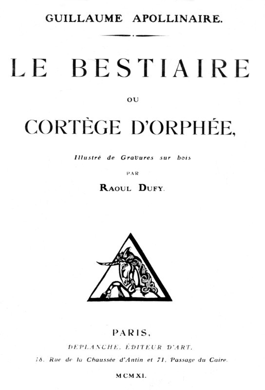 Ouvrage de Guillaume Apollinaire, "Le bestiaire ou Cortège d'Orphée", frontispice