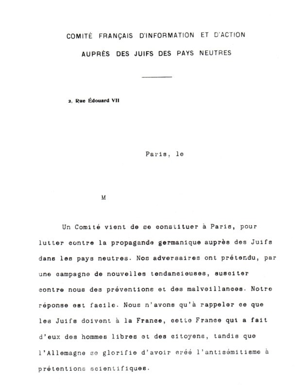 Circular with heading of the French committee for information and action for Jewish people in neutral countries