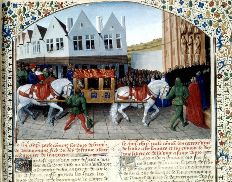 Miniature de Jean Fouquet. Chroniques de Saint-Denis. Charles IV (1355-1378) et son fils sont accueillis par les ducs de Berry et de Bourgogne