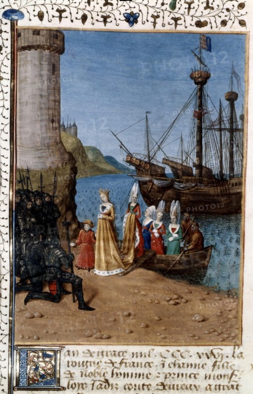 Miniature de Jean Fouquet. Chroniques de Saint-Denis. Débarquement en 1326 d'Isabelle de France sur la côte du Sufolk