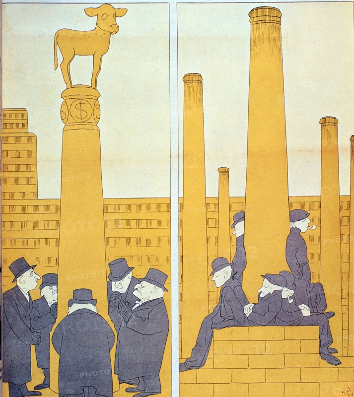 Caricature de Arnold extraite de "Simplicissimus" : "Amérique tu n'as pas mieux". Adoration du veau d'or et chômage aux U.S.A.