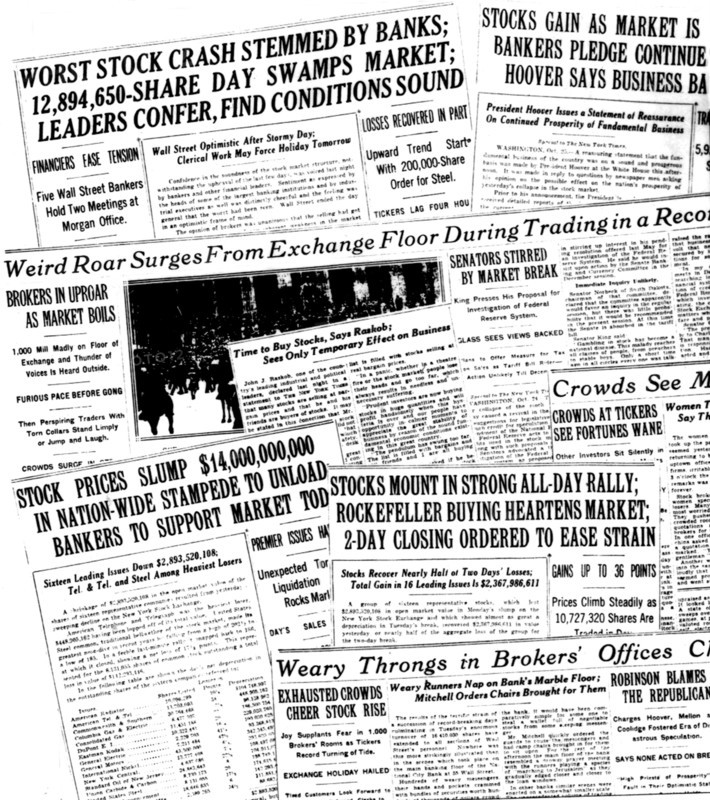 New York. Différents titres de journaux pendant la crise de Wall Street