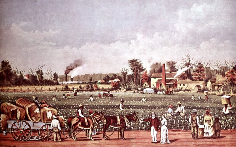 Lithographie de Currier and Ives. Une plantation de coton sur le Mississippi