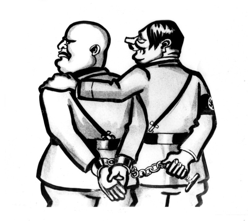 Satirical cartoon: Mussolini prisoner of Hitler