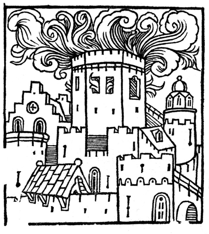 Gravure in Chroniques de France : "De la condamnation des Templiers sous Philippe le Bel (1285-1314). / Château en feu