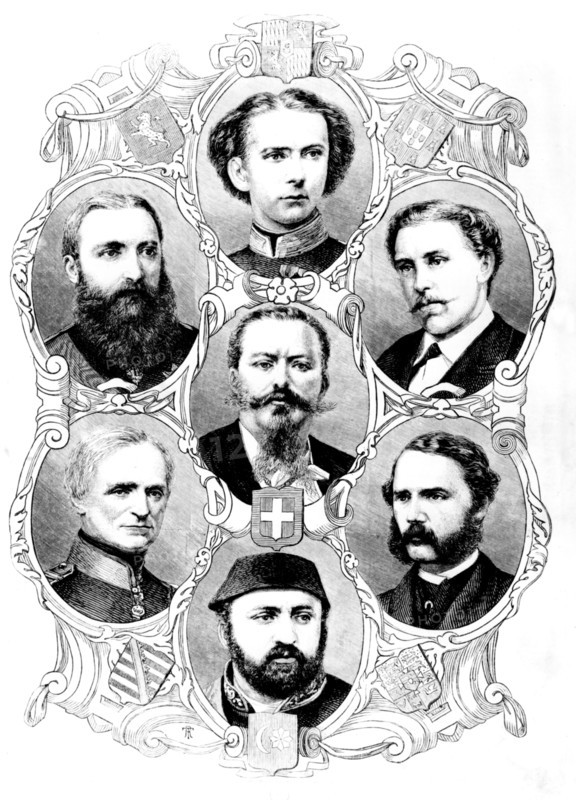 Portraits of the kings of Belgium, Saxony, Bavaria, Italy, Portugal and Denmark, and the sultan of Turkey