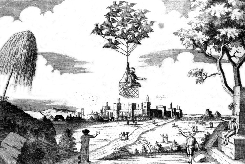Man carried away in a gondola carried by birds