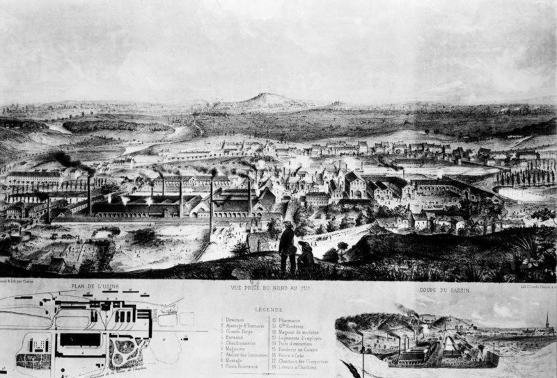 Lithographie de Chalas. Le Creusot. Vue générale. Plan de l'usine et coupe du bassin.
