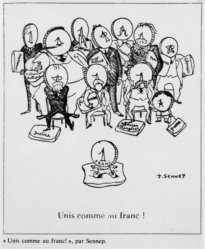 French caricature about the crisis of the Franc