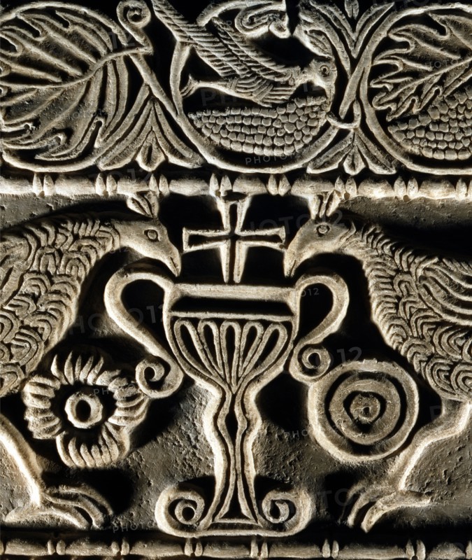 Two peacocks drinking from the Chalice of life (detail)