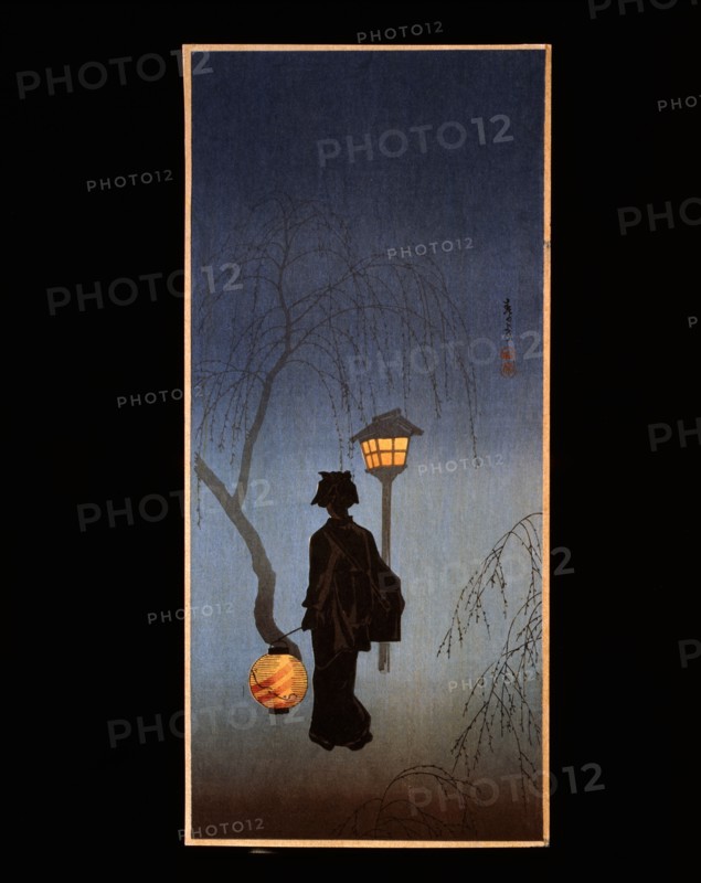 Shotei, Woman with a lantern on a spring evening