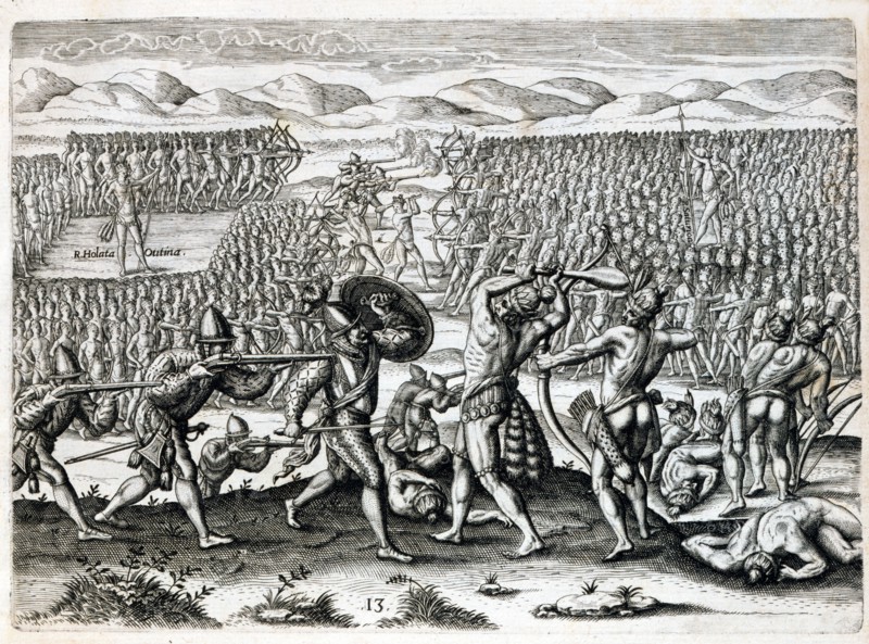 King Outina confronting his enemy Saturiwa with the help of French troops