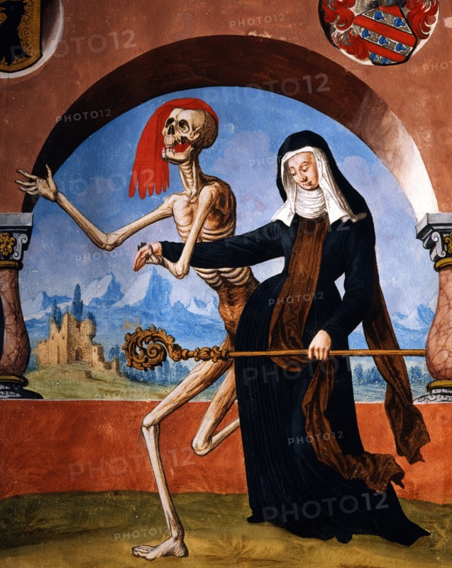 Kauw, La Danse des Morts : la Mort avec des religieux de divers grades, et l'abbesse du monastère (détail)