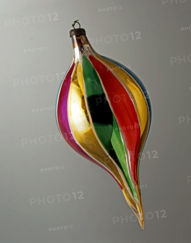 Christmas bauble in th eshape of a multicoloured water droplet