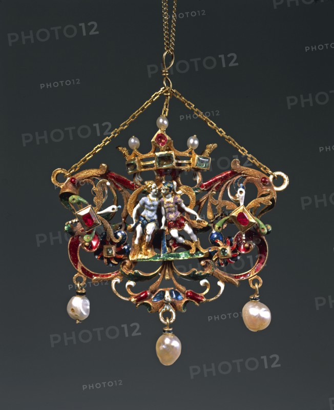 Pendant: Boat with two lovers under a tent with Commedia dell'Arte figures