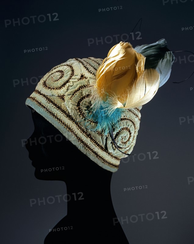 Aqua green tubular velvet hat with metallic wire stitching