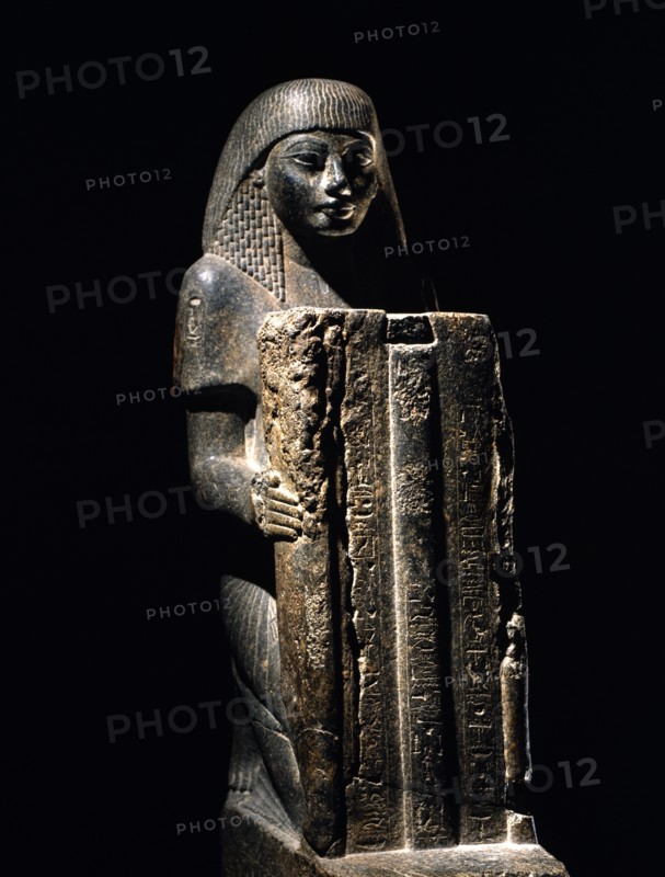 Dark grey granite statue of the high priest Ptamose