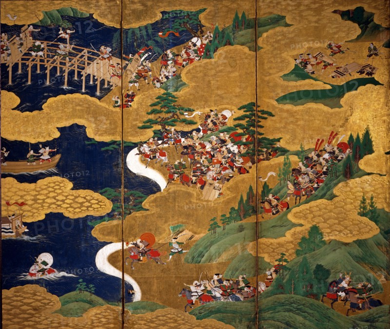Paravent japonais représentant la guerre de Genpei