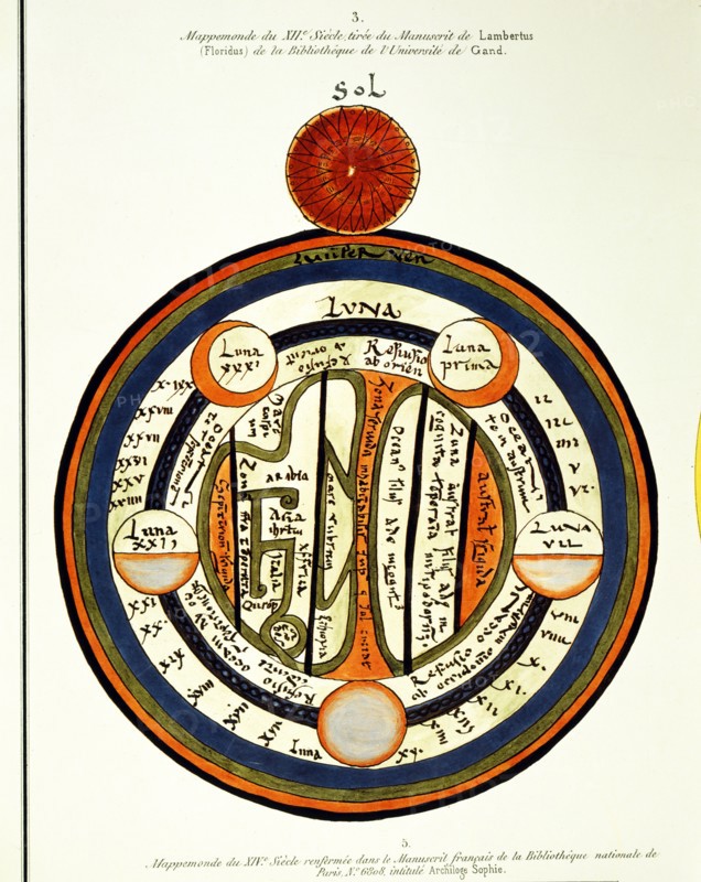 Reproduction of a 12th century world map from the "Treaty of Lambertus" kept in the Ghent Library