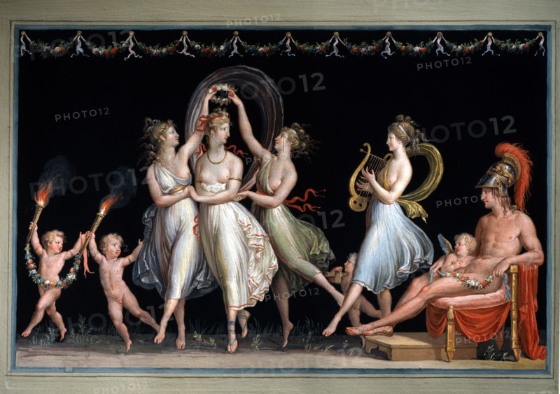 Venus and the three Graces dancing in front of Mars