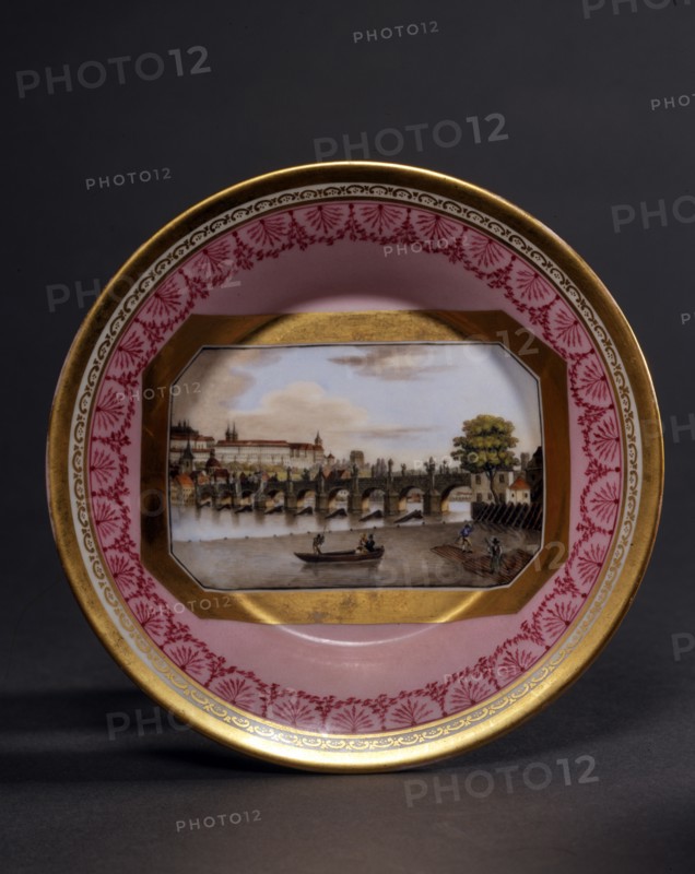 Schlaggenwald manufactory, saucer decorated with a landscape
