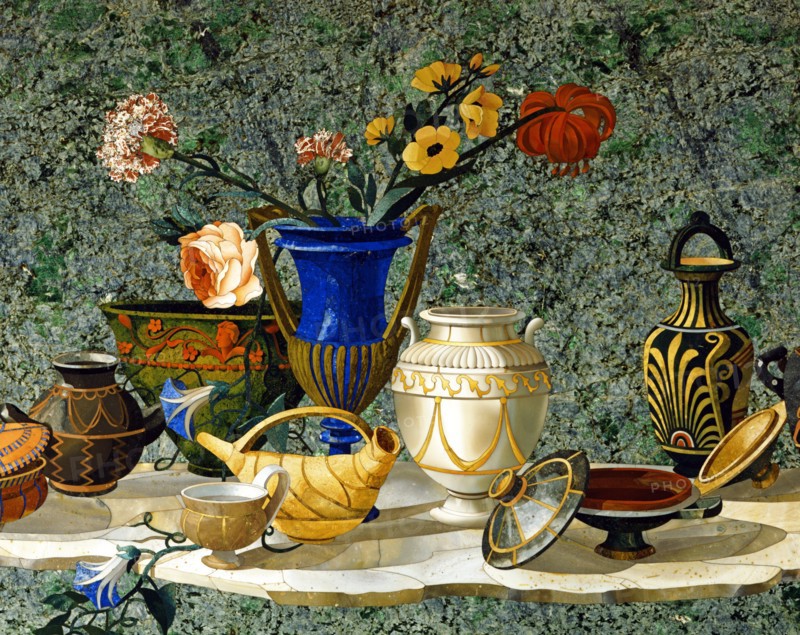 Table top in hard stone marquetry decorated with a composition of antique vases