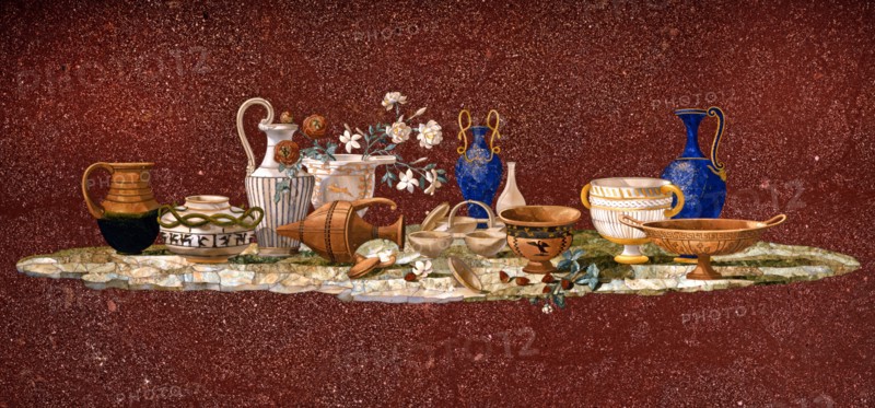 Table top in porphyry and inlaid with hard stones decorated with a composition of antique vases