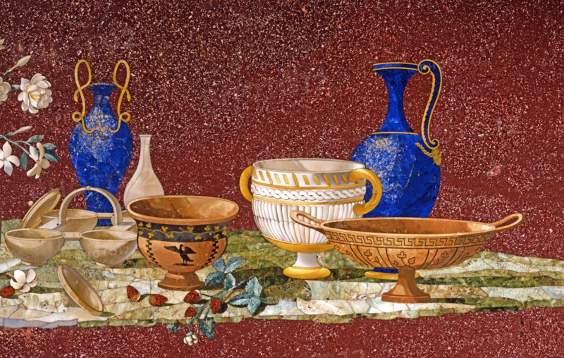 Table top in porphyry and inlaid with hard stones decorated with a composition of antique vases