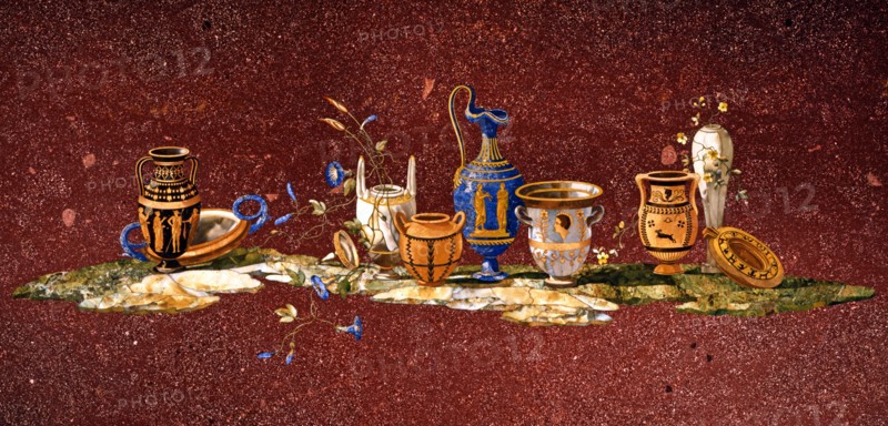 Table top in porphyry and inlaid with hard stones decorated with a composition of antique vases