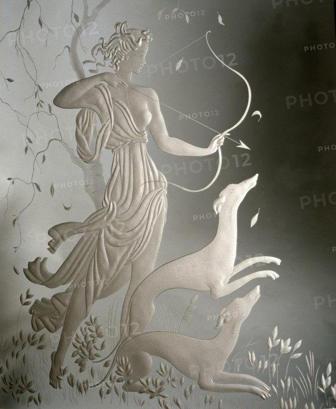Miroir gravé d'une Diane chasseresse de la Verrerie Brusotti
