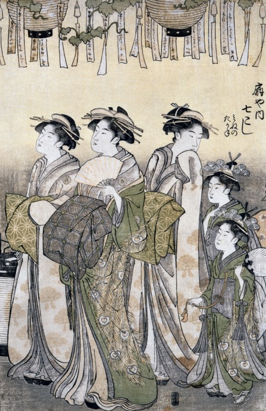 La courtisane Nanakoshi de la maison de thé Ogiya entourée par ses dames. Xylographie format Oban-tate-e cm. 37x26