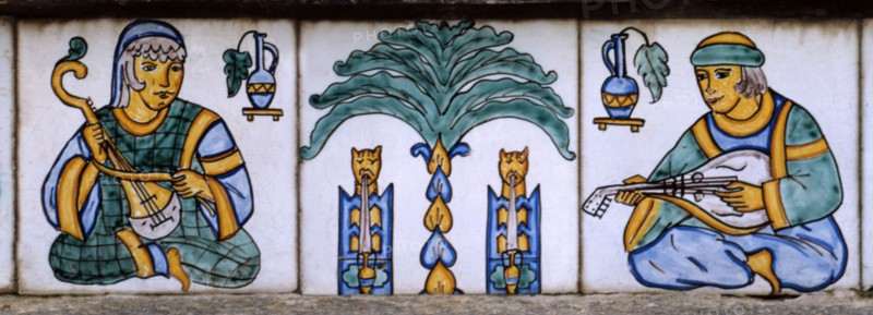 Majolica, Music players in a palm garden and Norman style fountains.