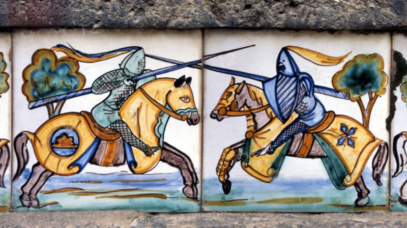 Majolica, Tournament. Knights in armor