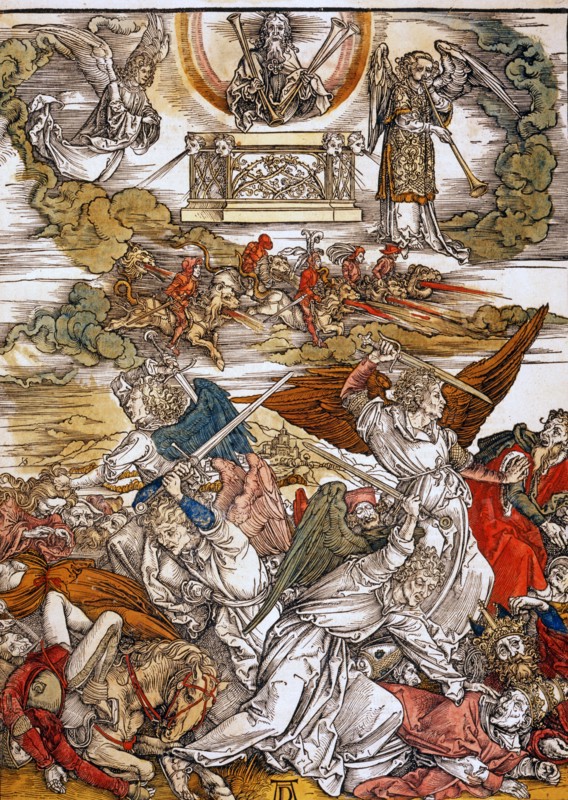 Albrecht Dürer. Au son de la trompette de la du sixième ange, les quatre anges enchaînés à l'Euphrate sont libérés, et prêt à tuer un tiers de l'humanité