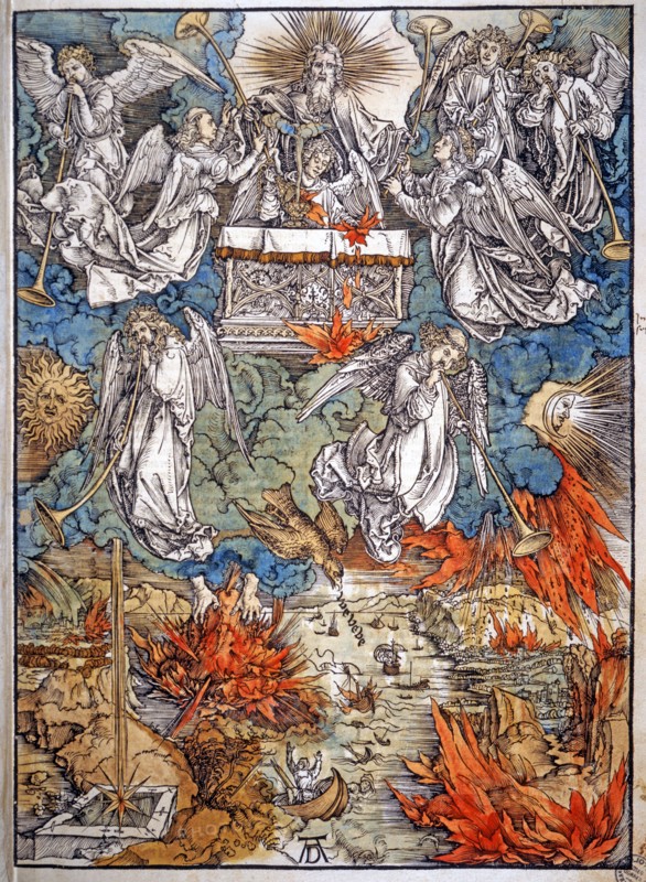 Albrecht Durer. The seven angels of Revelation, with the sound of trumpets, bring death and destruction into the world
