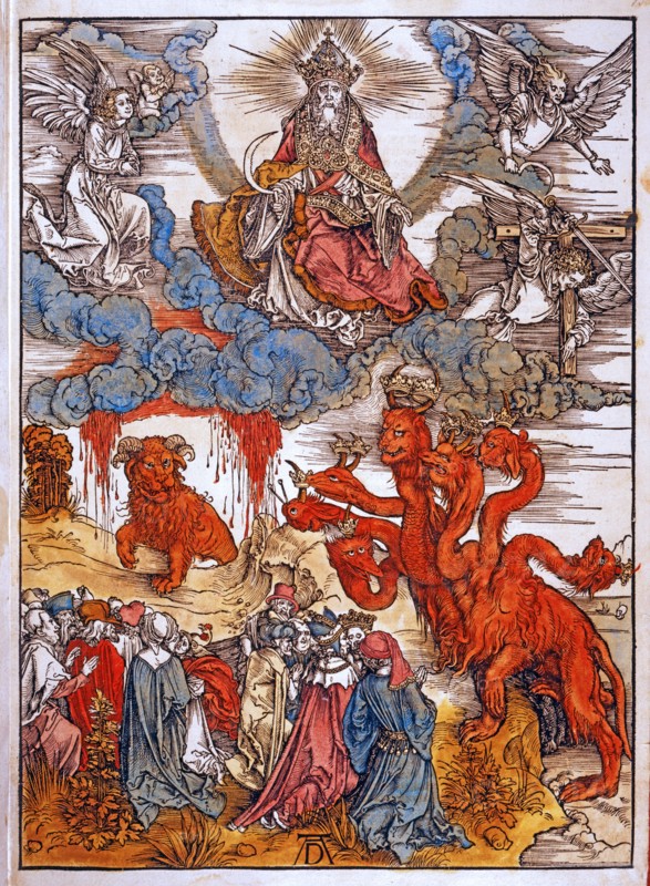 Albrecht Durer. The beast has seven heads that work great wonders, like the rain from the sky. The great dragon that came out of the sea, forcing mankind to worship the seven-headed Beast