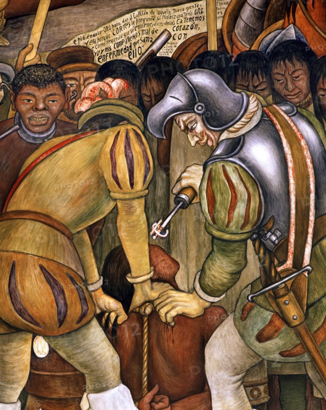 Rivera, Le Debarquement de Cortez a Vera Cruz. On the slave market, a slave is branded with a red iron