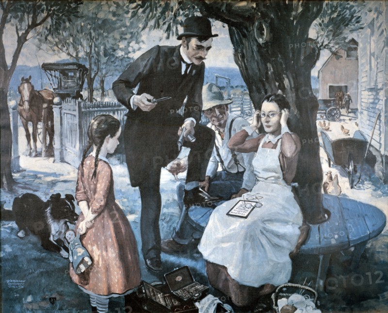 Seller of mobile glasses, with customers