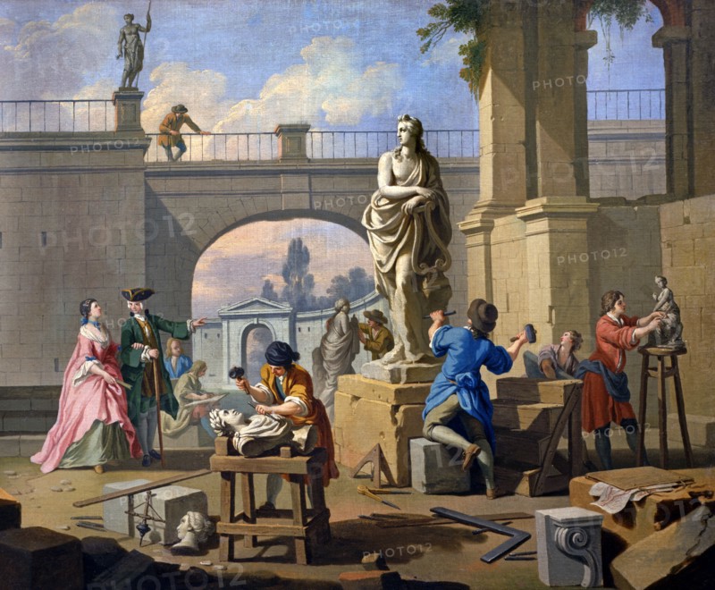 Zocchi, The Arts: Sculpture. Sculptors at work with their tools.