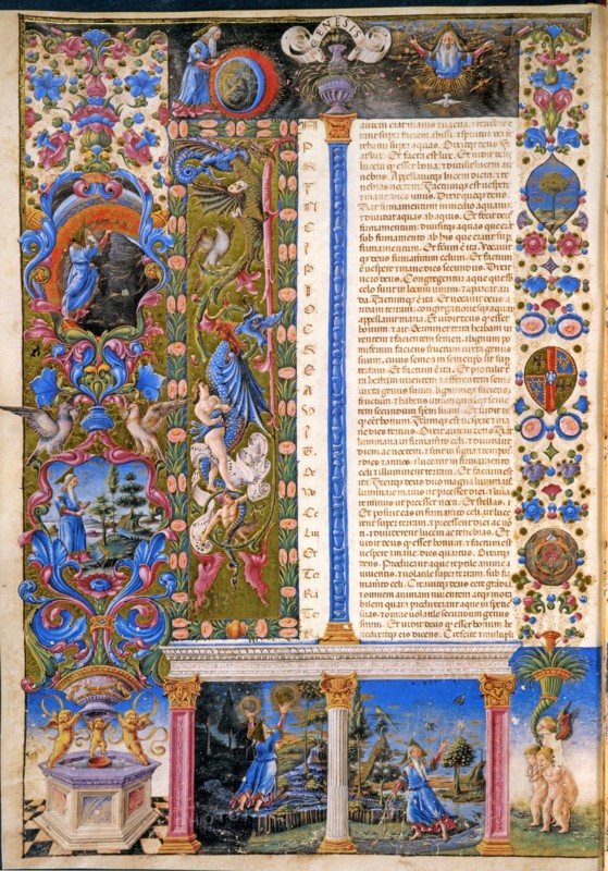 Crivelli, Book of Genesis: The creation of animals, and the creation of Adam and Eve.