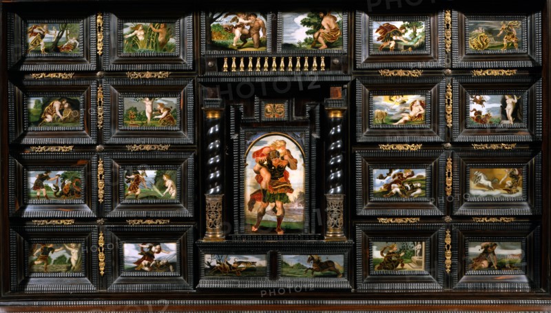 Mahogany wardrobe facade with paintings on glass from "The Metamorphoses"