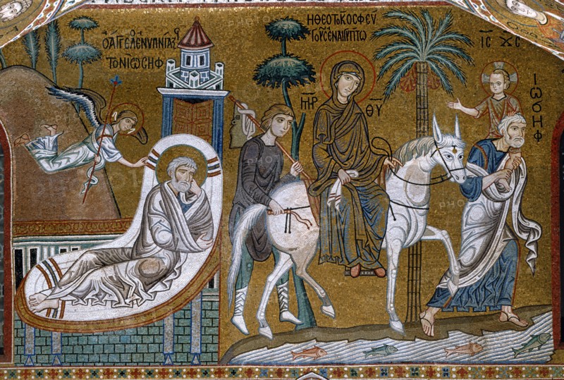 La Fuite en Egypte. Mosaïque de la chapelle palatine de Palerme
