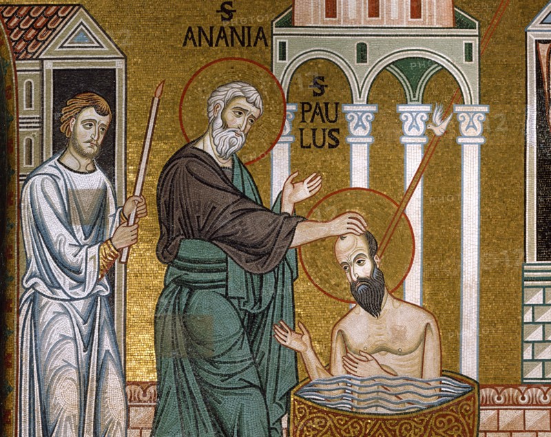 Chapelle palatine de Palerme
Mosaïque byzantine de la nef
Ananie de Damas, disciple de Jésus, baptise Paul de Tarse (saint Paul) après l'avoir guéri de sa cécité
Détail

Palerme (Italie, Sicile), Palais des Normands, Chapelle Palatine (Palazzo dei Normanni, Cappella Palatina), consacrée en 1143.