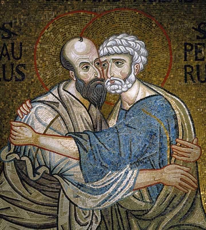 Chapelle palatine de Palerme
Mosaïque byzantine de la nef
Rencontre entre saint Pierre et saint Paul à Rome, le long de la Via Ostiense, avant leur martyre

Palerme (Italie, Sicile), Palais des Normands, Chapelle Palatine (Palazzo dei Normanni, Cappella Palatina), consacrée en 1143.
