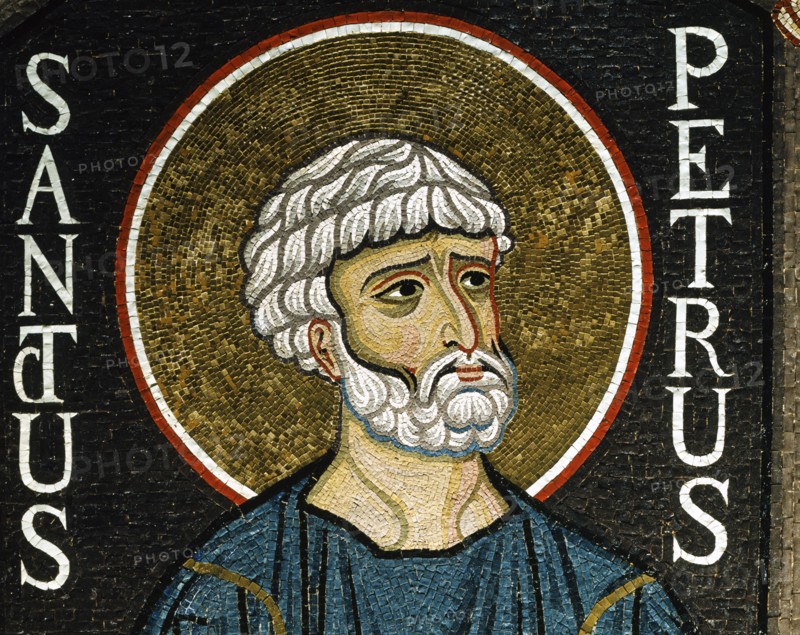 Chapelle palatine de Palerme
Mosaïque byzantine de la nef
Saint Pierre, libéré de prison par un ange, montre ses mains libres des chaînes qui l'entravaient
Détail du visage

Palerme (Italie, Sicile), Palais des Normands, Chapelle Palatine (Palazzo dei Normanni, Cappella Palatina), consacrée en 1143.