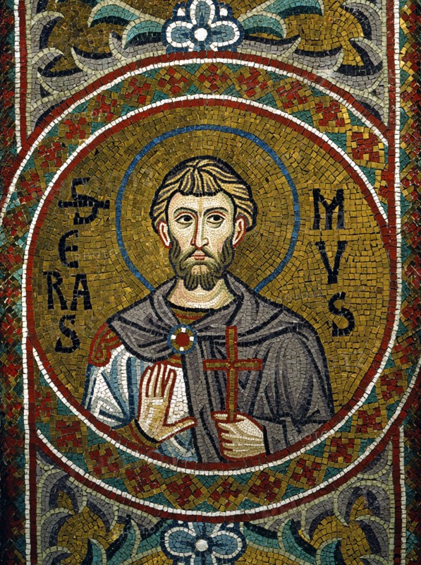 Chapelle palatine de Palerme
Mosaïque byzantine de la nef
Saint Erasme de Formia, martyrisé et mort en 303 sous les persécutions de Dioclétien

Palerme (Italie, Sicile), Palais des Normands, Chapelle Palatine (Palazzo dei Normanni, Cappella Palatina), consacrée en 1143.